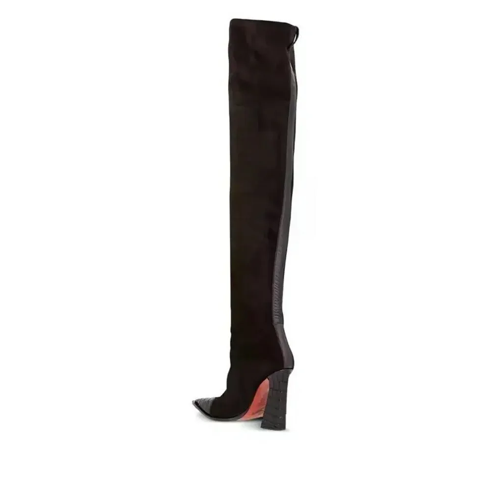 NEW SONORA Over Knee Pasilla Croc-Detail Black Boots 39 US 8 Black Italy $1403